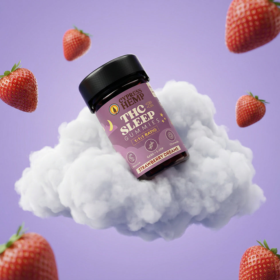 Cypress Hemp Sleep Gummies 1:1:1 ratio 8mg THC 30 count bedroom scene