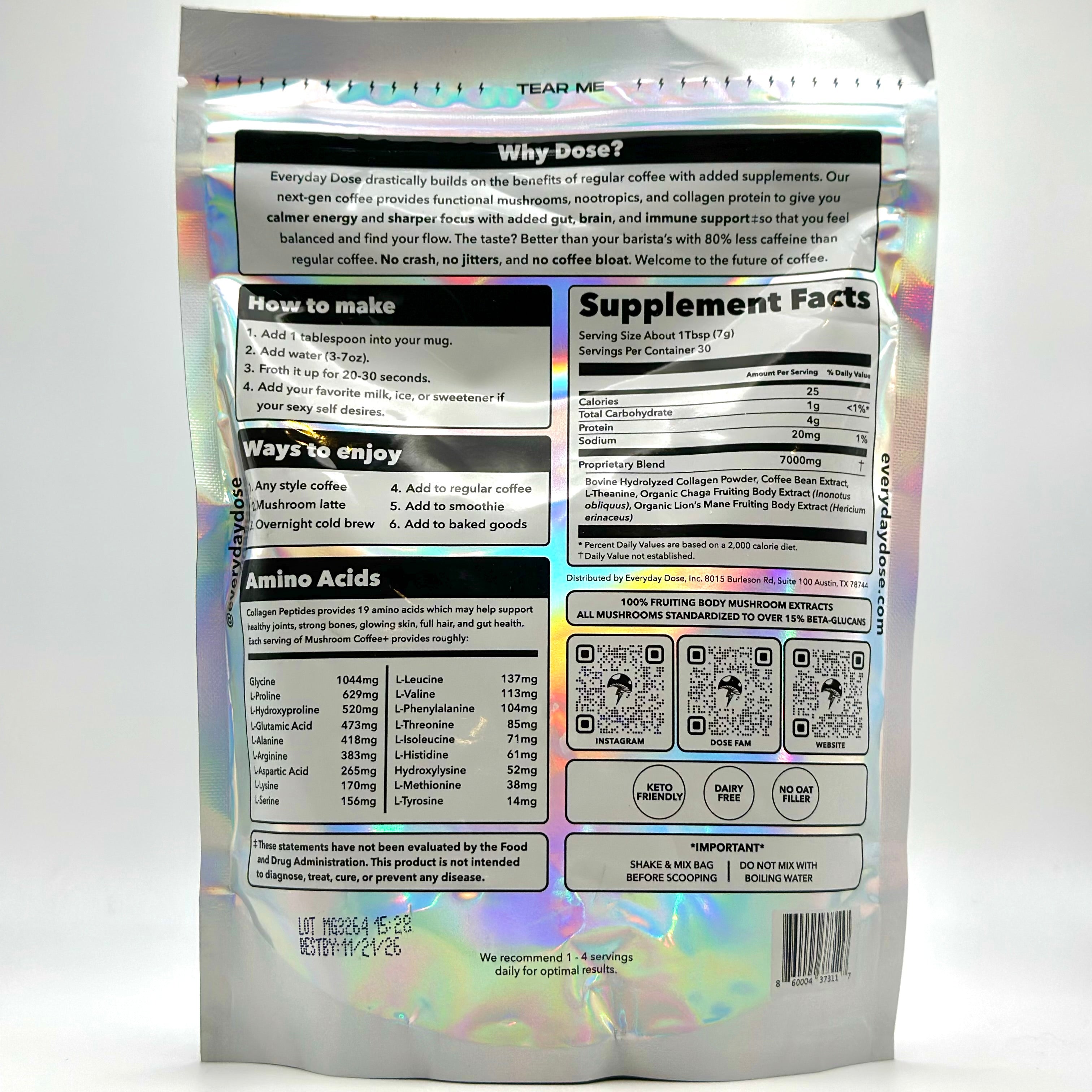 Everyday Dose Mushroom Coffee+ 30-Serving - supplement facts