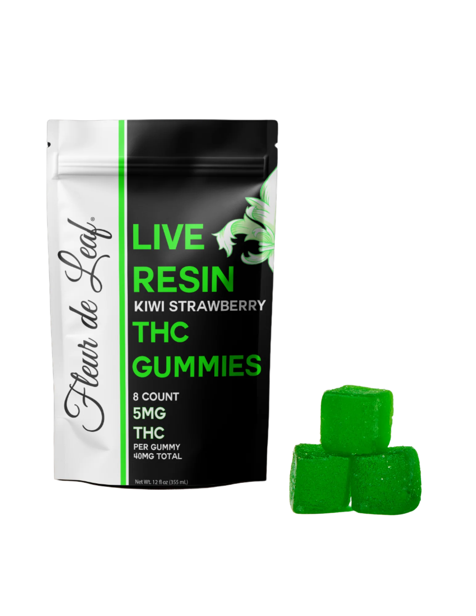 Fleur de Leaf Live Resin Kiwi Strawberry THC gummies 8 count pouch with green gummies