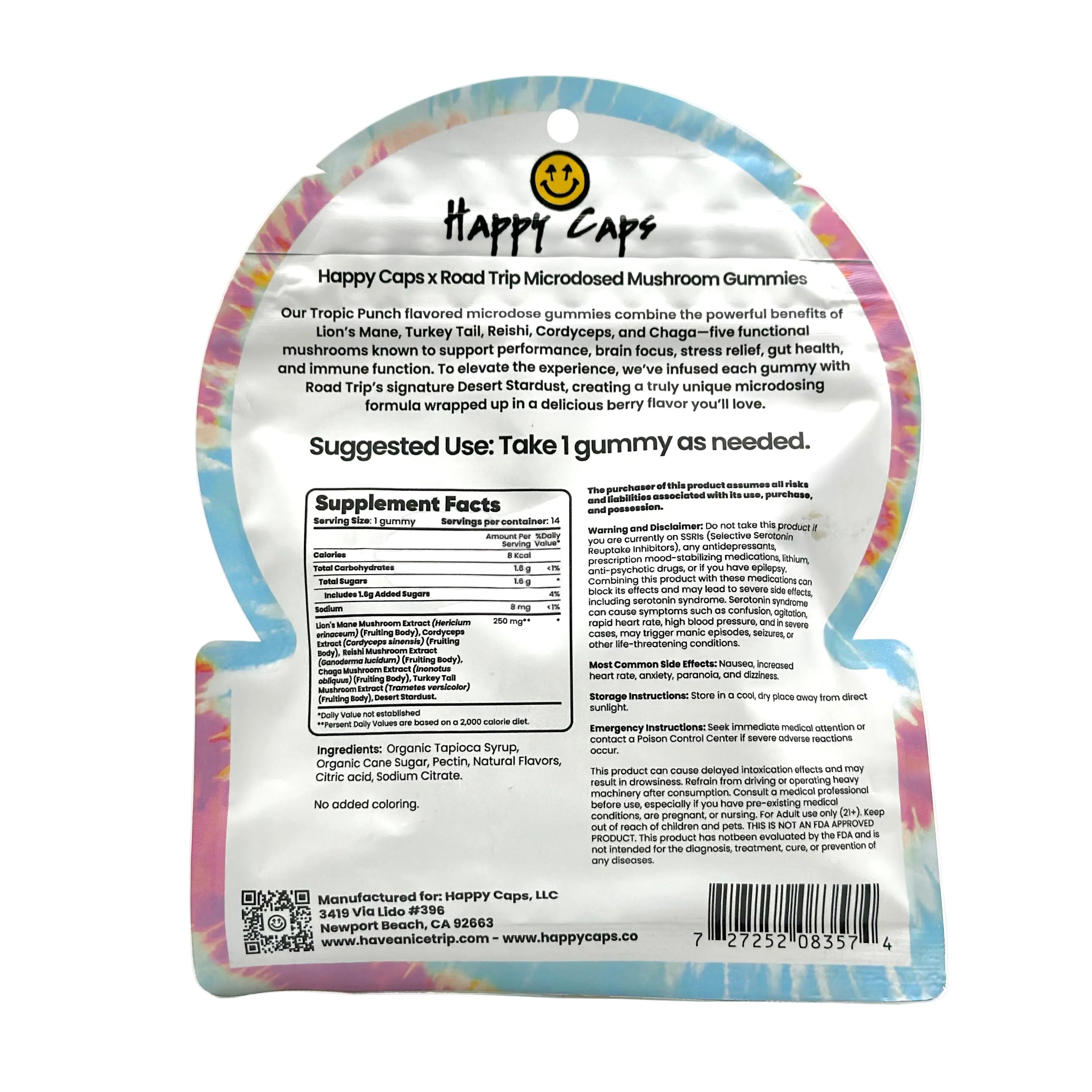 Erthwellness Road Trip Happy Caps Microdosed Gummies Functional Mushroom Blend (14-count) - supplement facts