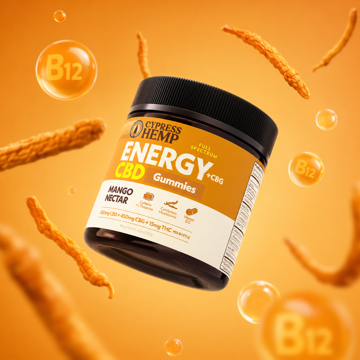Cypress Hemp Energy Gummies supplement facts panel cordyceps and B12