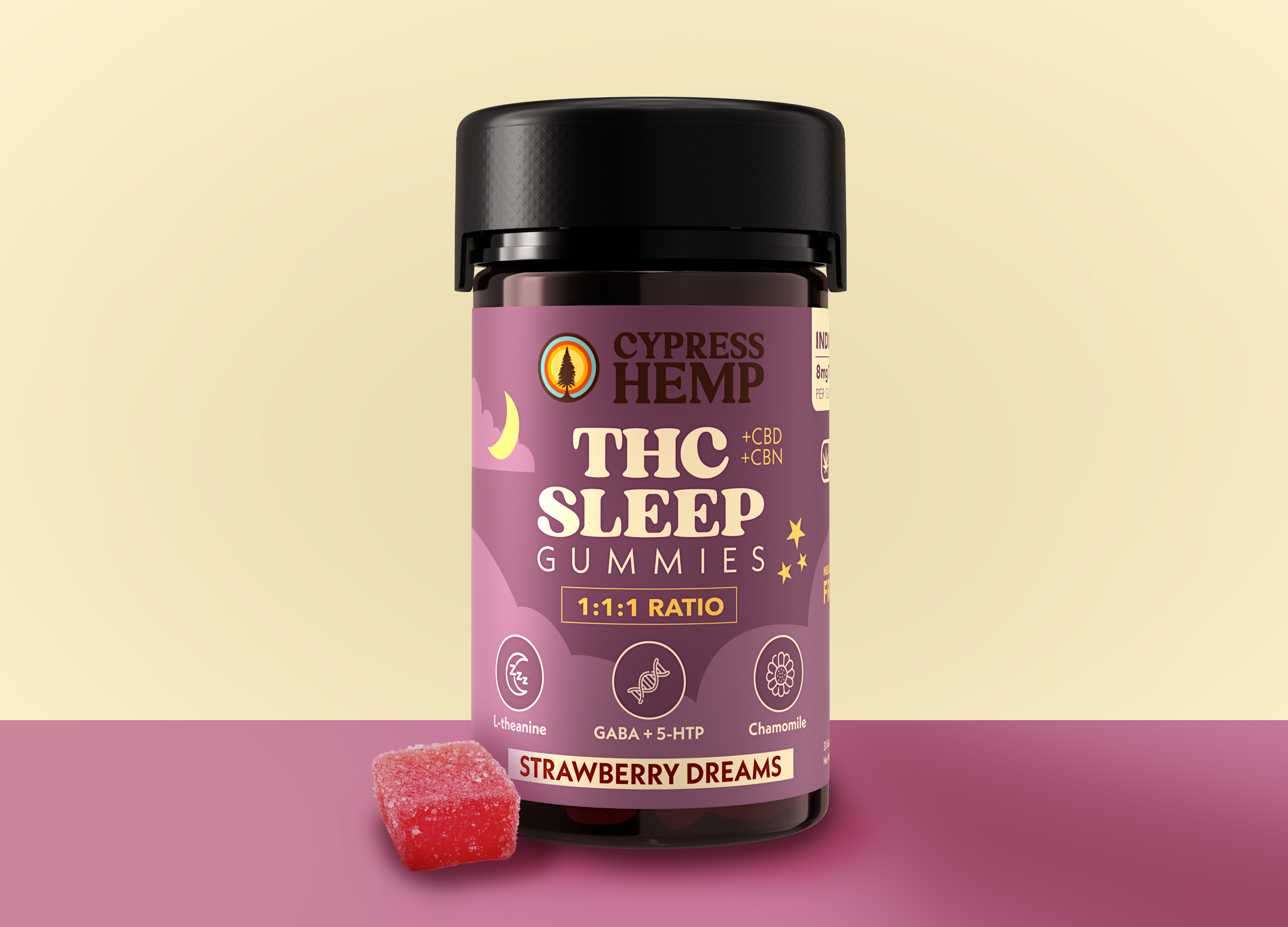 Cypress Hemp 1:1:1 THC CBN CBD Sleep Gummies jar front with strawberry gummy