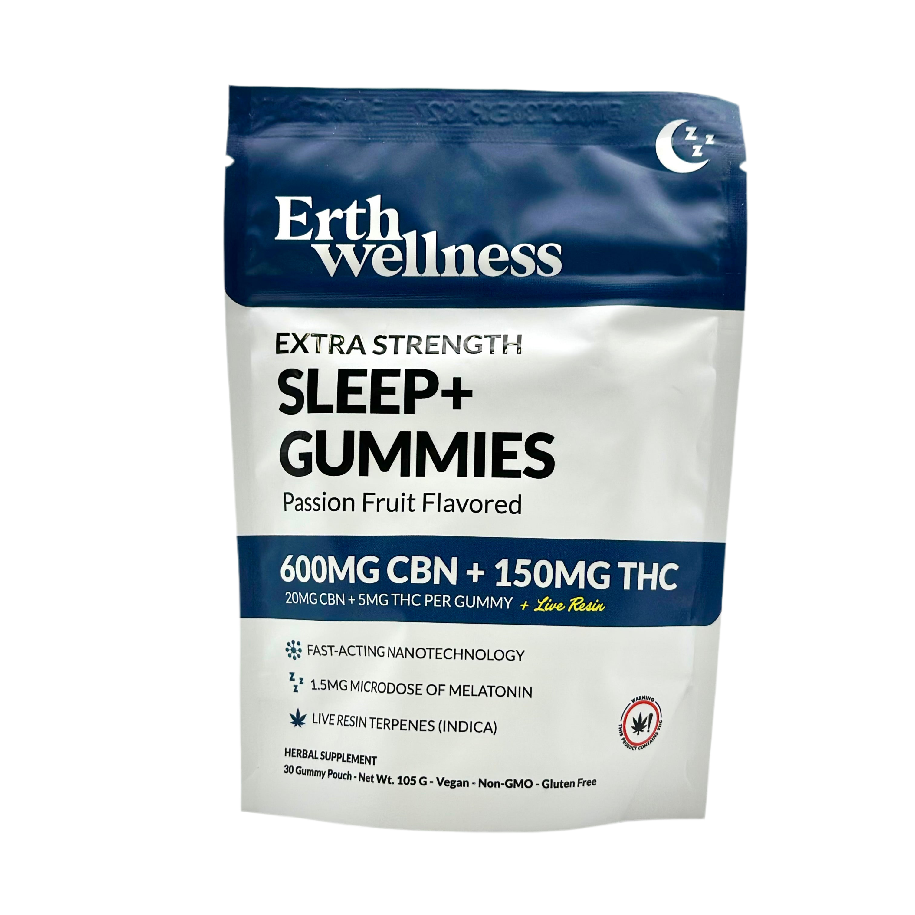 Erthwellness Sleep+ Gummies 5mg THC + 20mg CBN Indica (30-count) - front package