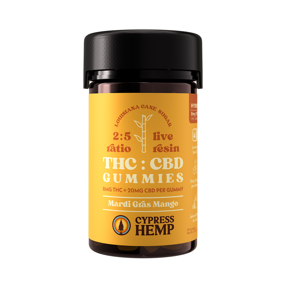 Cypress Hemp 2:5 Live Resin THC CBD Gummies Hybrid Mardi Gras Mango 8mg THC 20mg CBD 30 count
