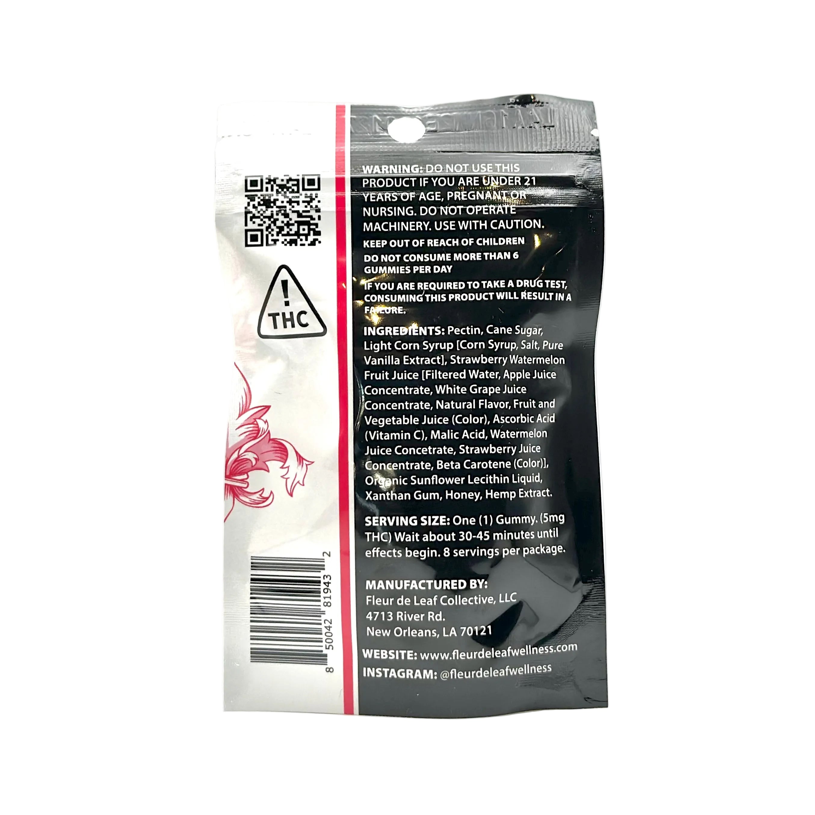 Fleur de Leaf Sativa 5mg THC Gummies - Watermelon - supplement facts