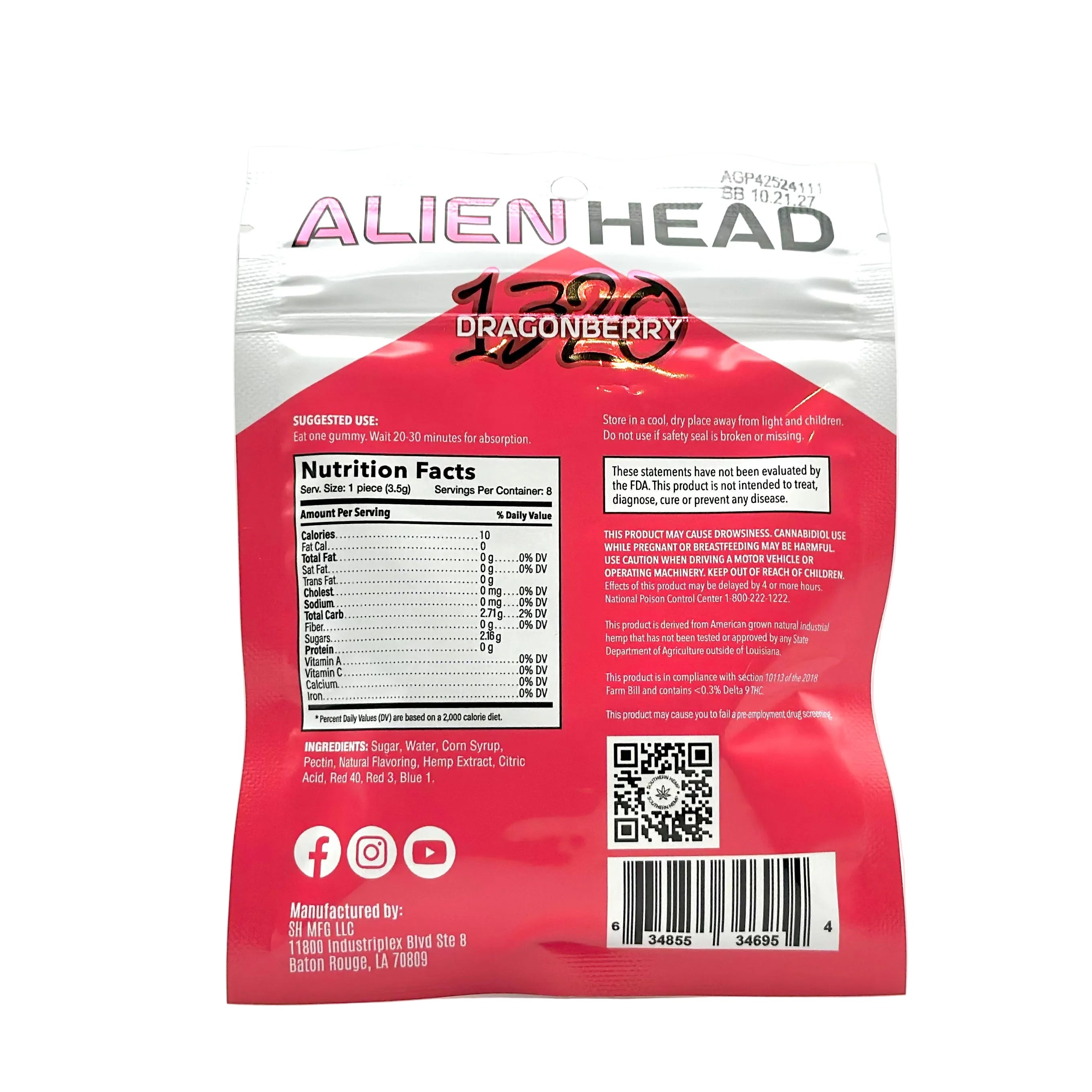 Alien Head 5mg THCp Gummies - Dragonberry - supplement facts