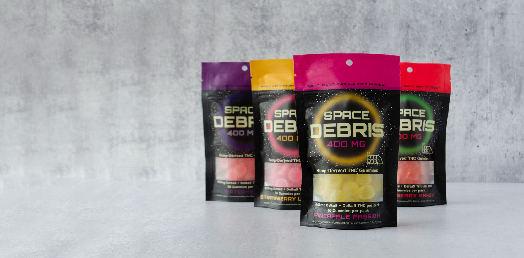 Space Debris gummies flavor lineup including Watermelon