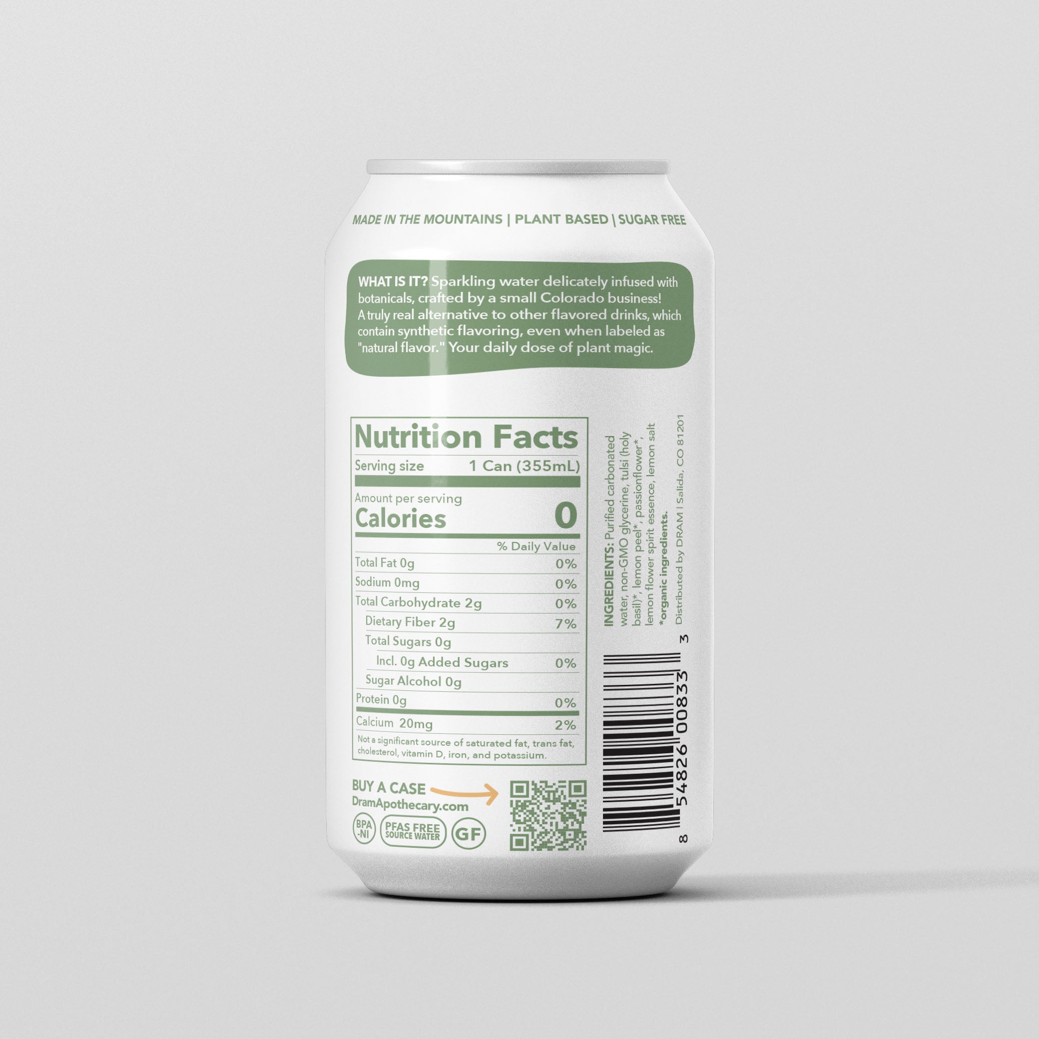 DRAM Holy Basil and Lemon sparkling water back label with ingredients