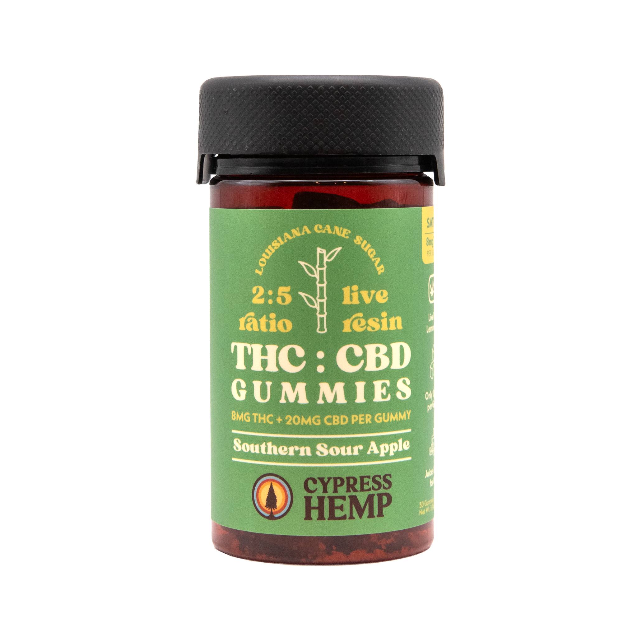 Cypress Hemp 2:5 Live Resin THC + CBD Gummies - 8mg THC / 20mg CBD - Sativa (30-Count) - supplement facts