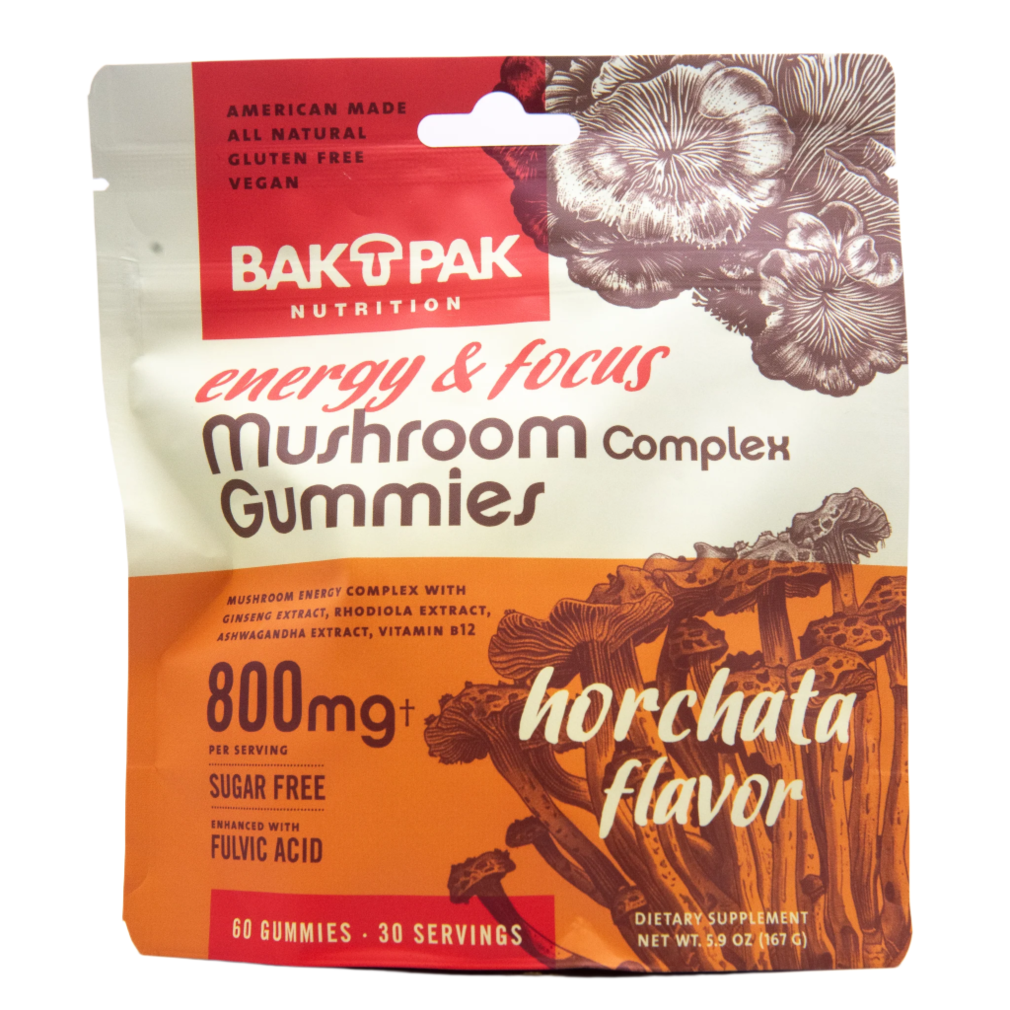 BakPak Mushroom Gummies Energy & Focus 800mg Complex (60-count) - front package