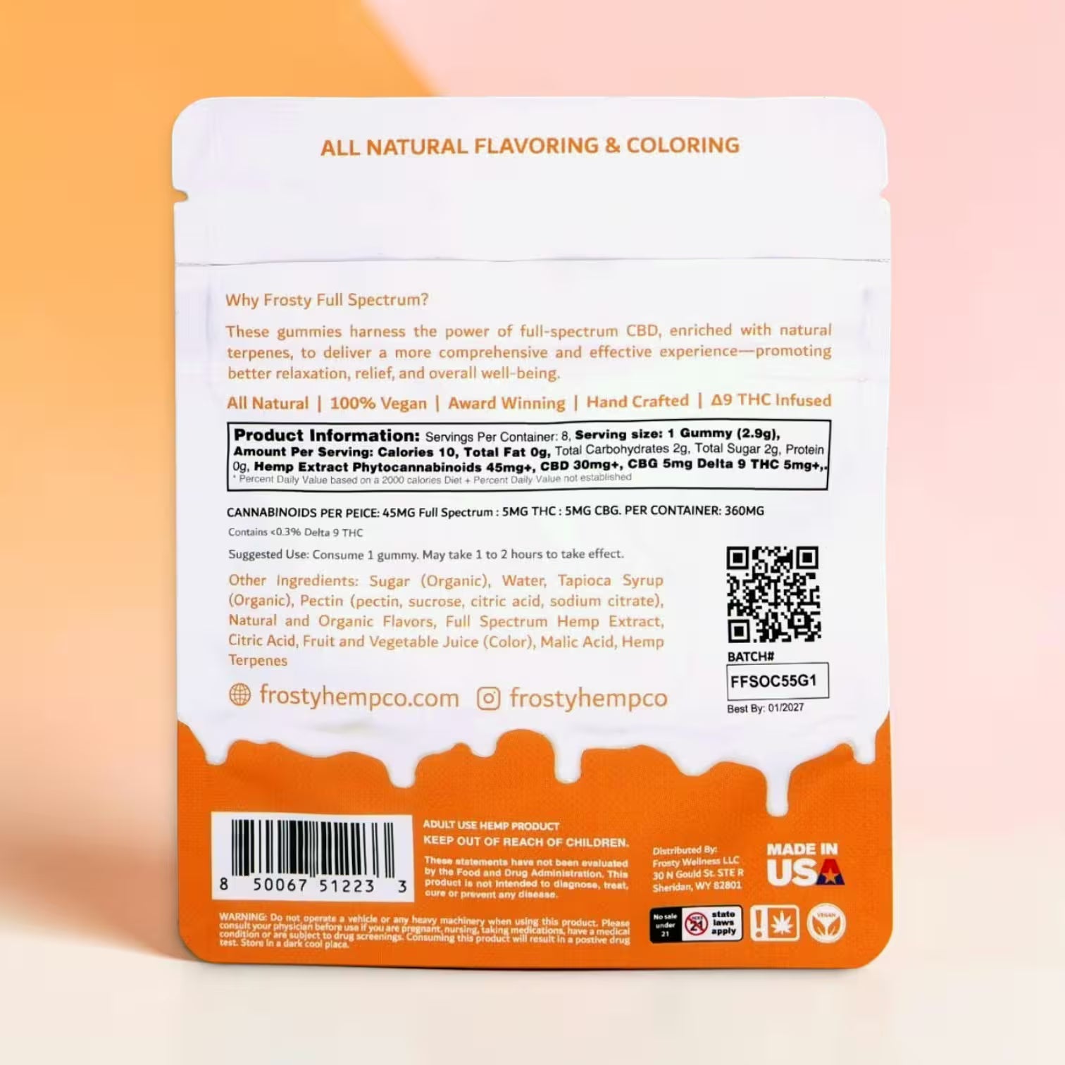 Frosty Orange Cream gummies supplement facts panel 8 count