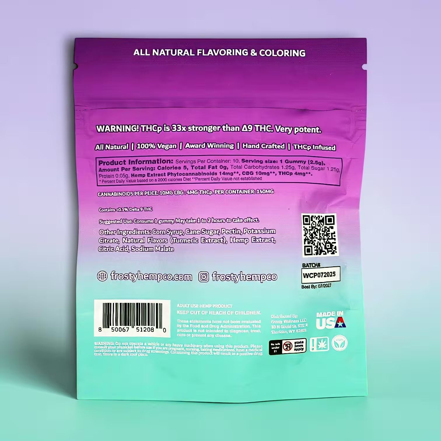 Frosty Maxx Wedding Cake THCp gummies supplement facts panel