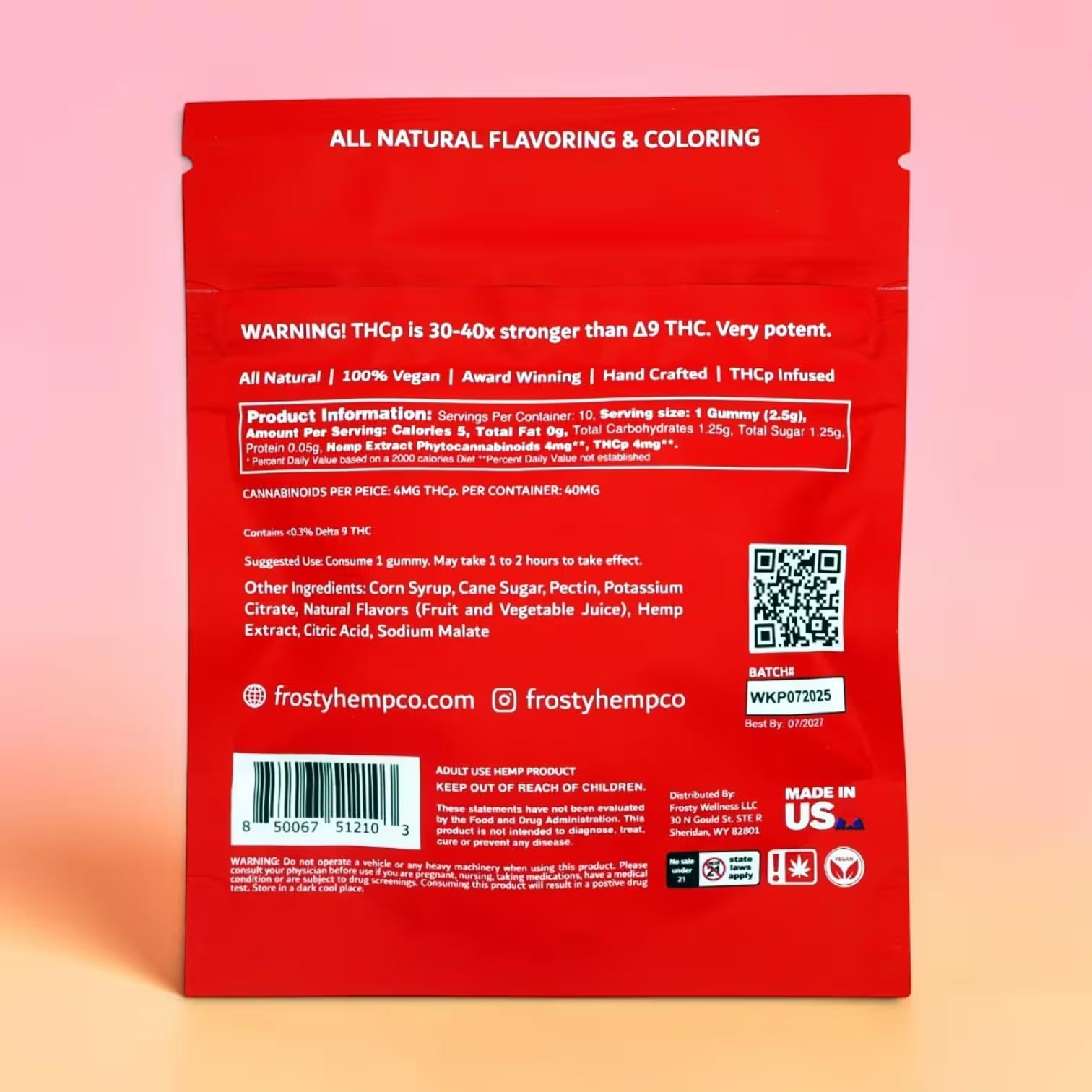 Frosty Maxx THCp gummies supplement facts panel