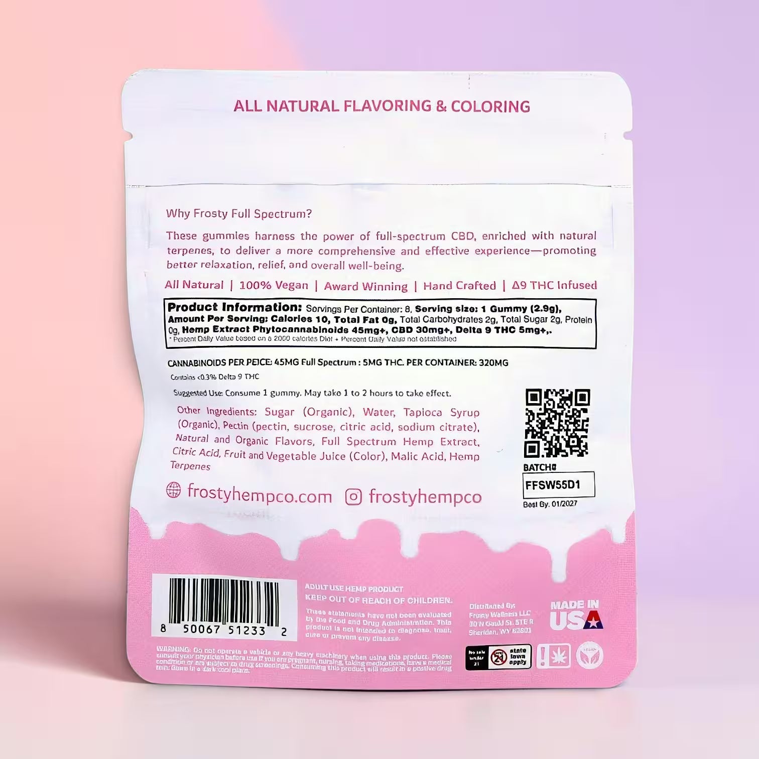Frosty Strawberries N Cream Hybrid gummies 8ct back panel nutrition facts