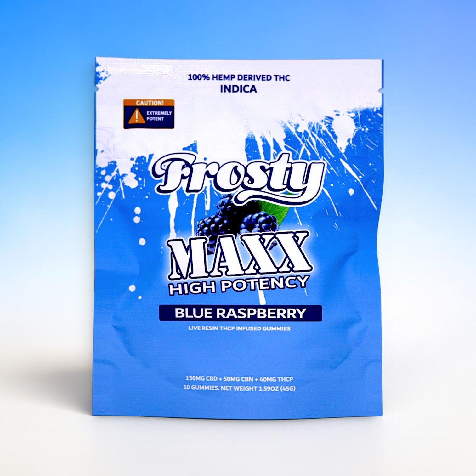 Frosty Maxx High Potency THCp Gummies Blue Raspberry Indica 10 count pouch