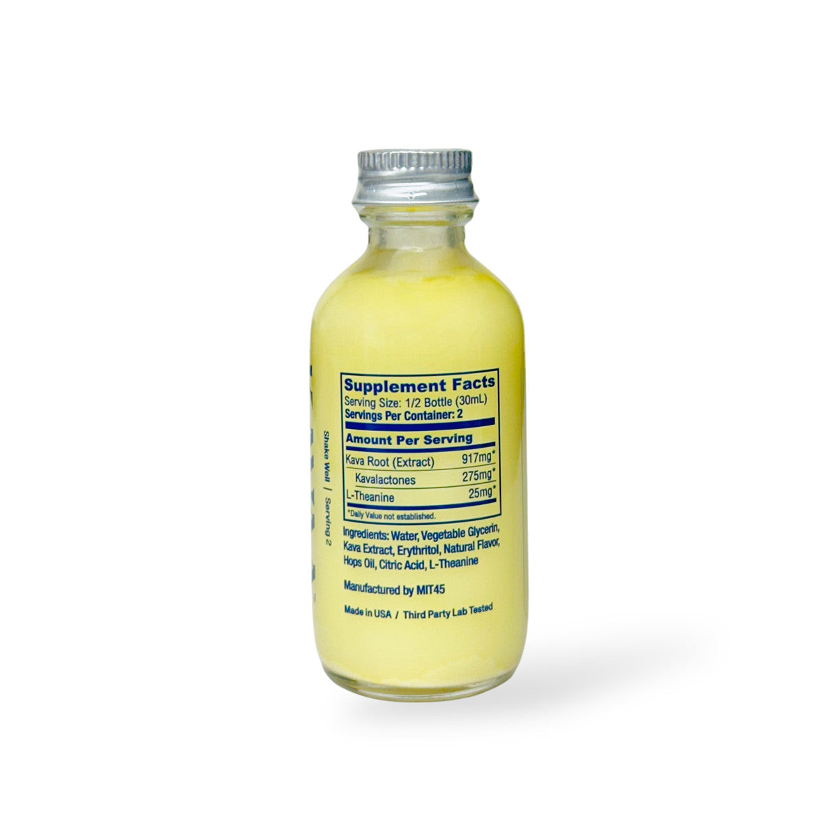 Kavaa Botanical Shot supplement facts 275mg kavalactones 917mg kava root L-Theanine