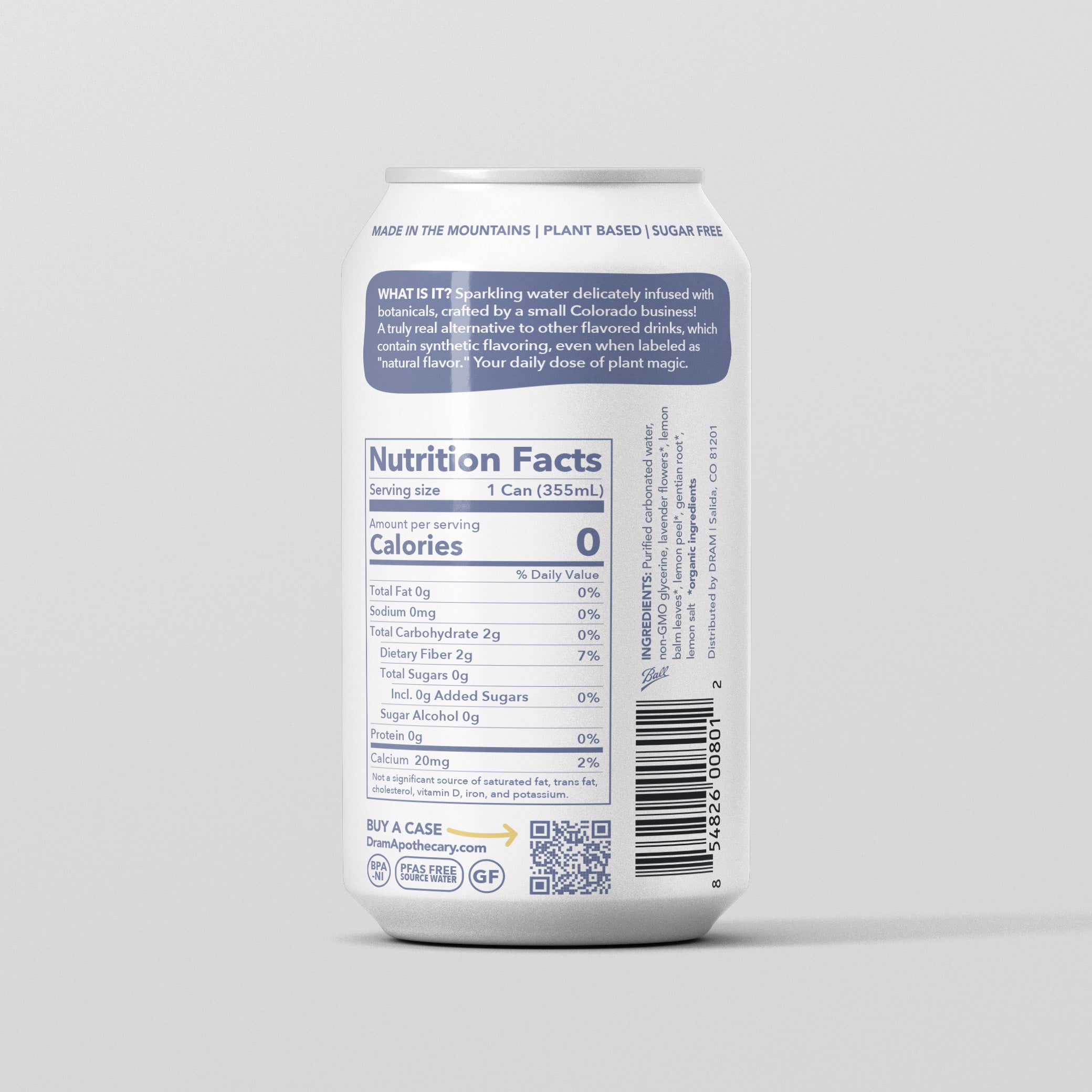 DRAM Lavender and Lemon Balm sparkling water back label with ingredients
