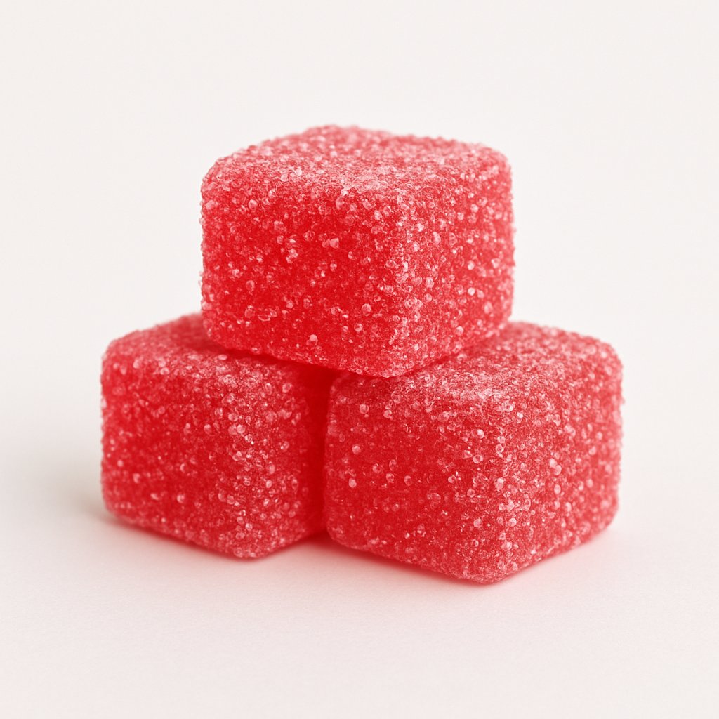Frosty Maxx Watermelon Kush THCp gummies pouch with gummy pieces