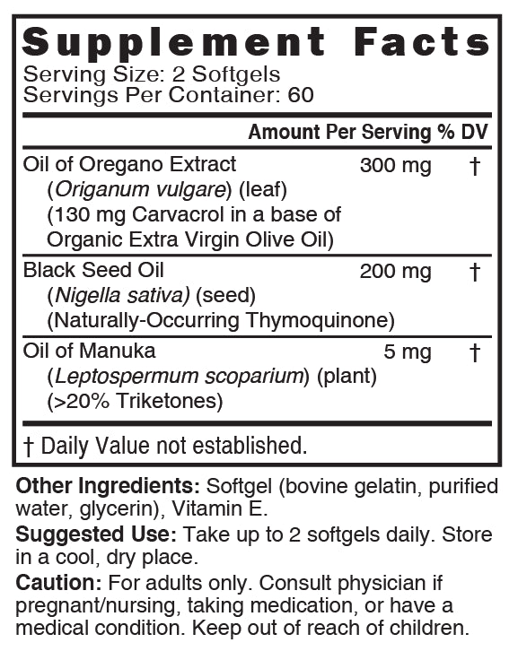 Nutri Oil of Oregano softgels supplement facts panel