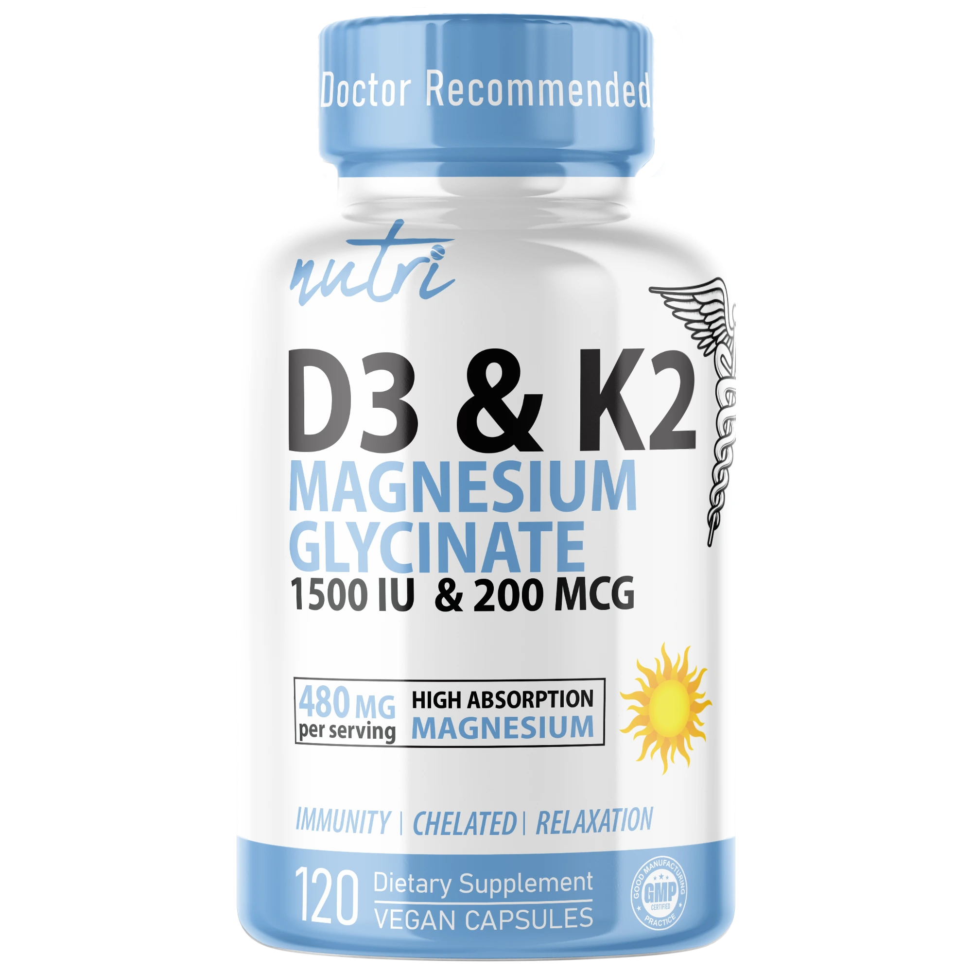 Nutri 480mg Magnesium Glycinate with D3 and K2 capsules 120-count front label