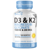 Nutri 480mg Magnesium Glycinate with D3 and K2 capsules 120-count front label