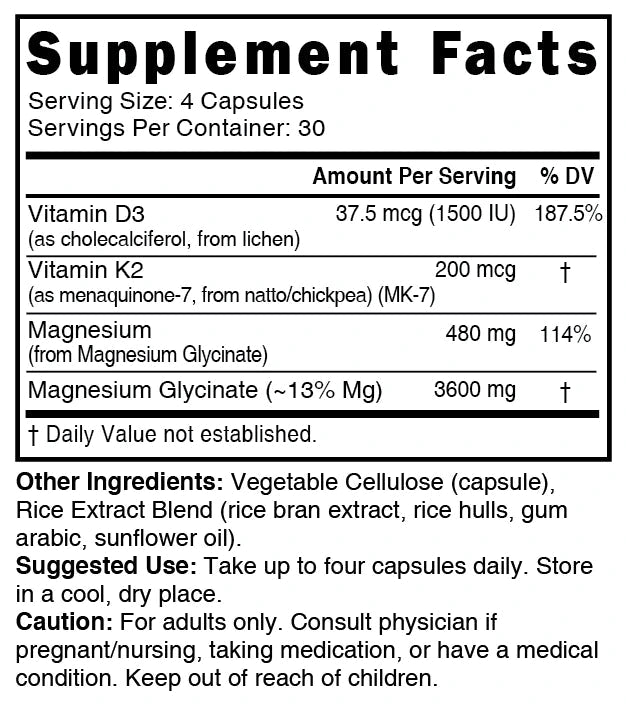 Nutri Magnesium Glycinate D3 K2 supplement facts panel