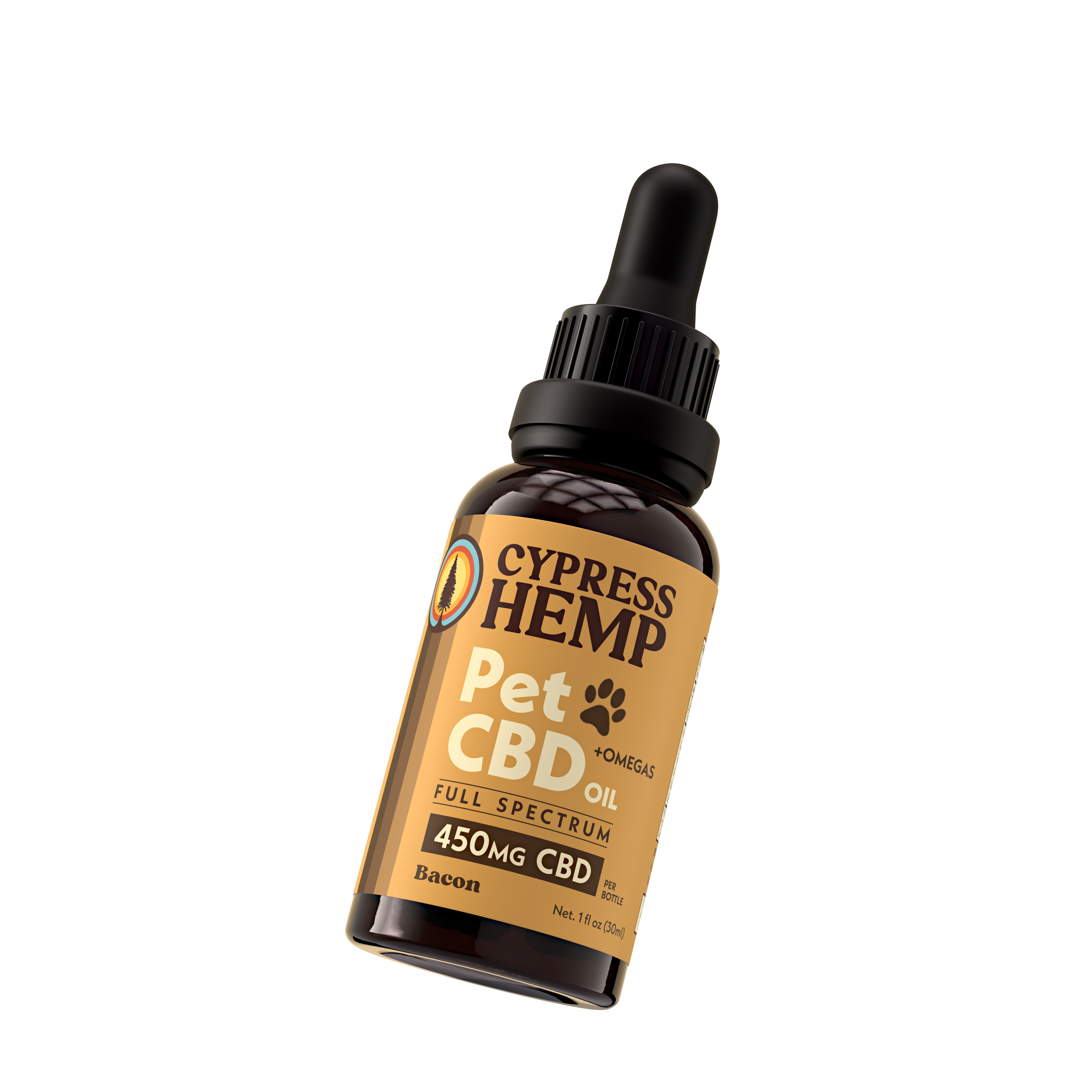 Cypress Hemp Pet CBD Oil 450mg Bacon full spectrum bottle angled view
