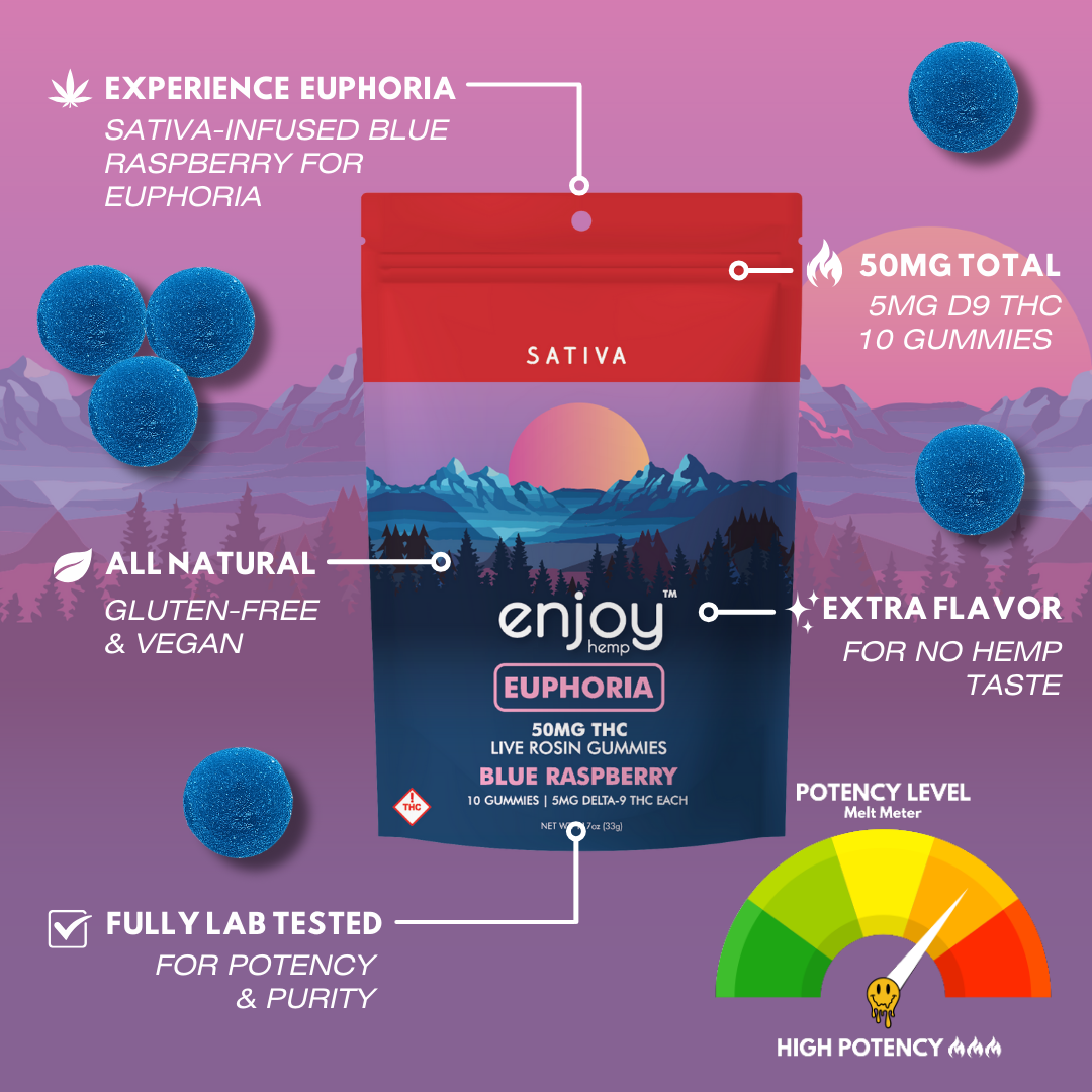 Enjoy Delta-9 5mg Blue Raspberry Sativa gummies front pouch