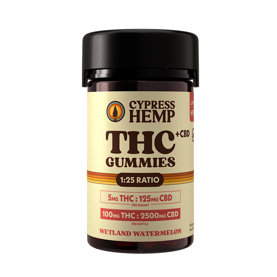 Cypress Hemp 1:25 Live Resin THC+CBD Hybrid Watermelon gummies pouch