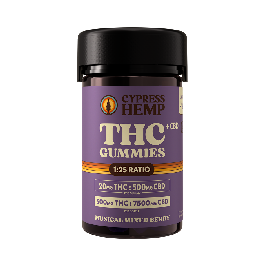 Cypress Hemp 1:25 Live Resin THC CBD Gummies Hybrid Musical Mixed Berry 20mg THC 500mg CBD 15 count