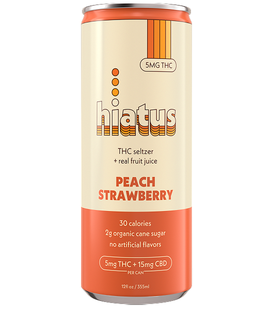 Hiatus Peach Strawberry THC seltzer can front 5mg THC 15mg CBD