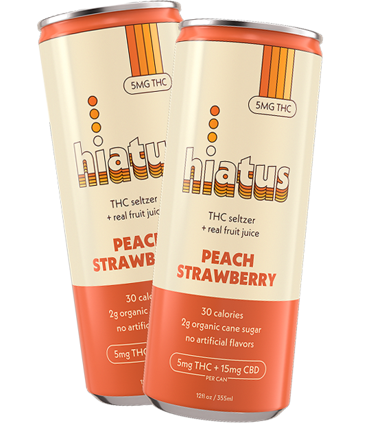 Two Hiatus Peach Strawberry THC seltzer cans angled