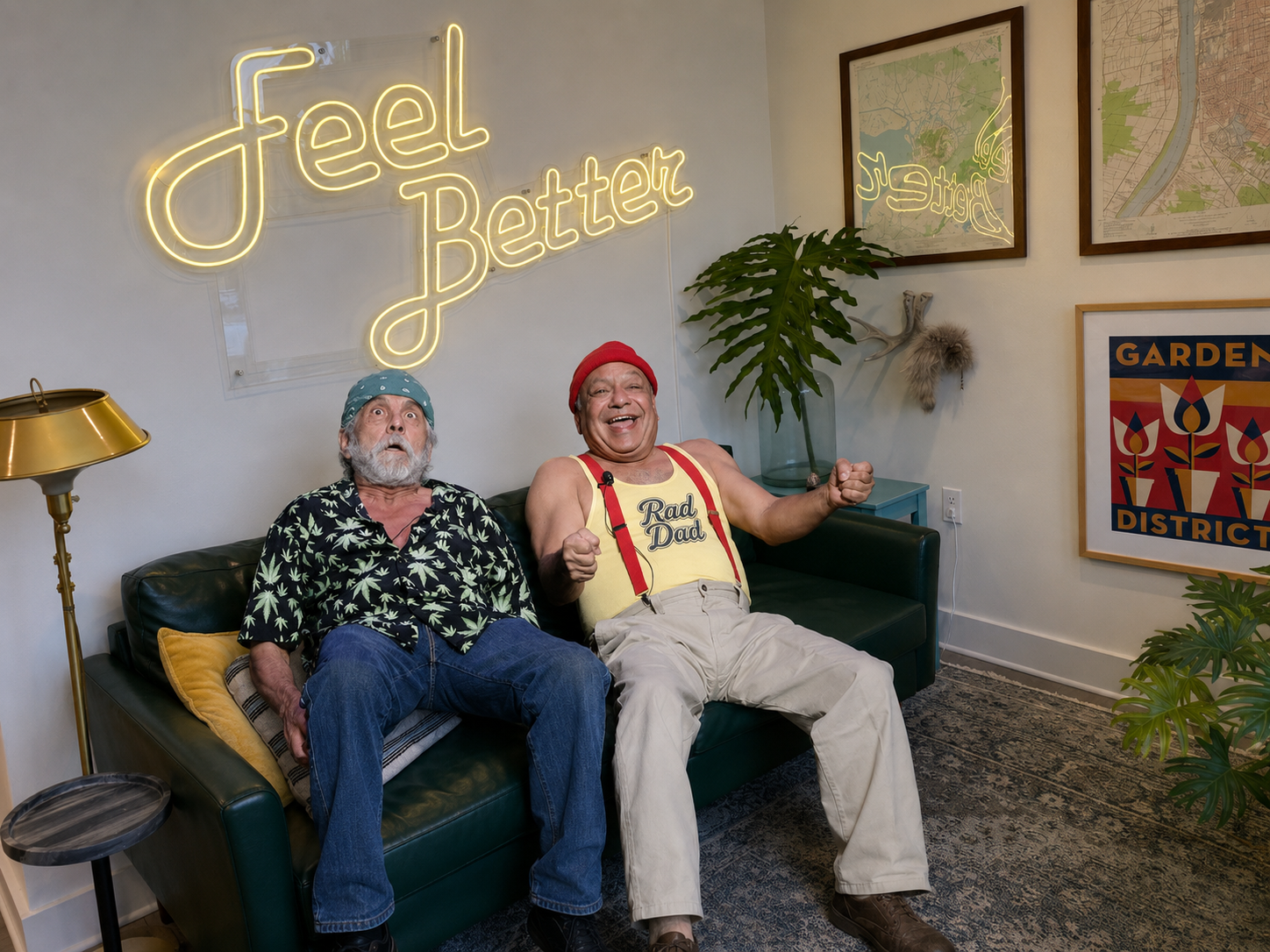 Cheech and Chong at Rad Dad Alternative Wellness under Feel Better neon sign