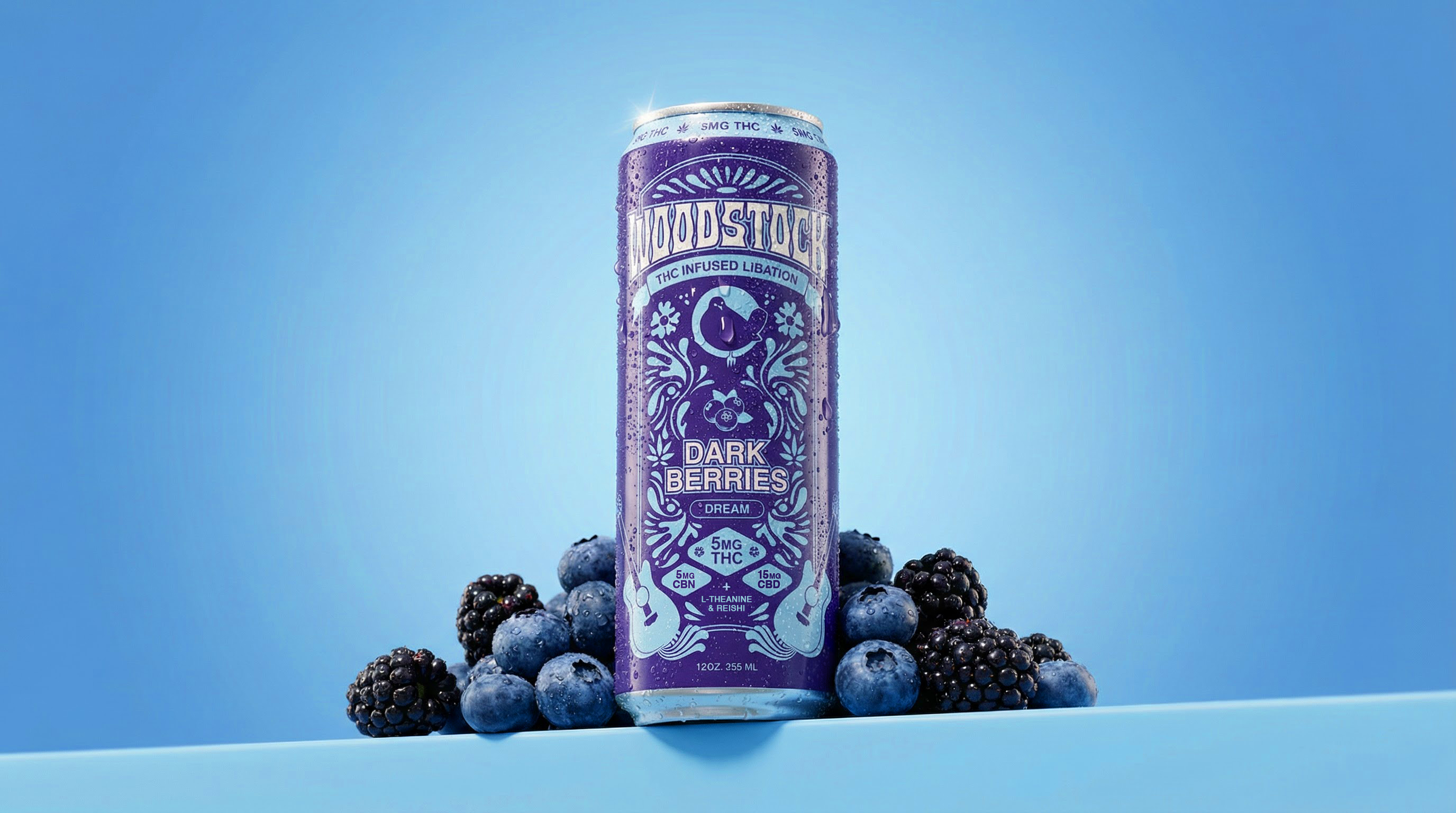 Woodstock Dark Berries 5mg THC CBN seltzer can front of package