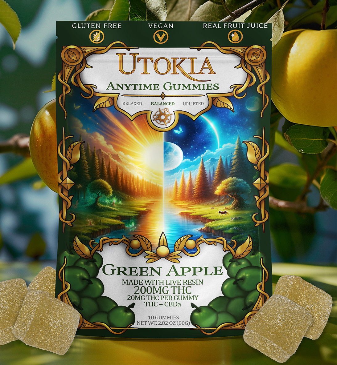 Utokia Anytime Gummies Green Apple THC and CBD bag