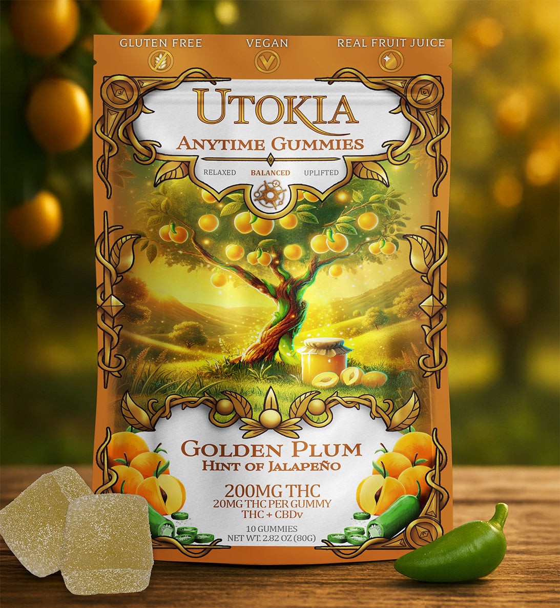 Utokia Anytime Gummies Golden Plum Jalapeno THC and CBDv bag