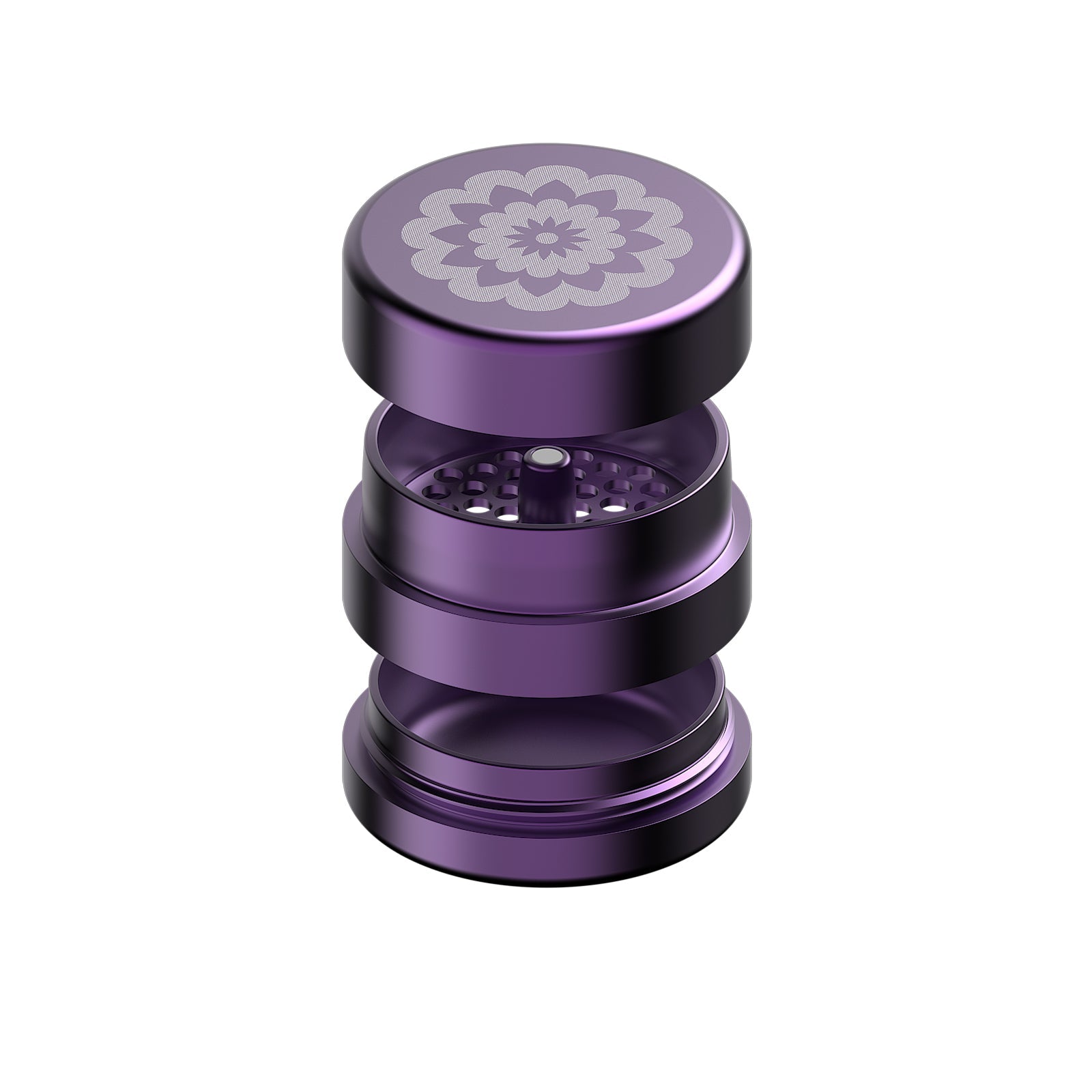 Flower Mill Next Gen Standard 2.5 inch grinder in purple, three piece exploded view