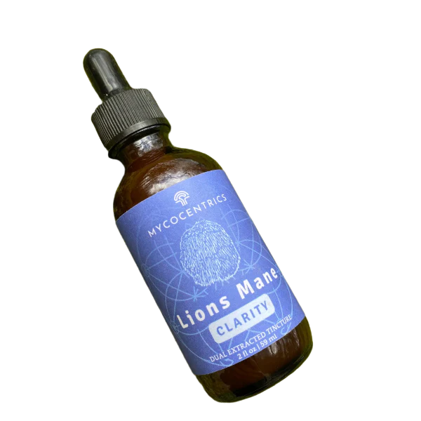 Mycocentrics Lion's Mane tincture bottle angled showing front label