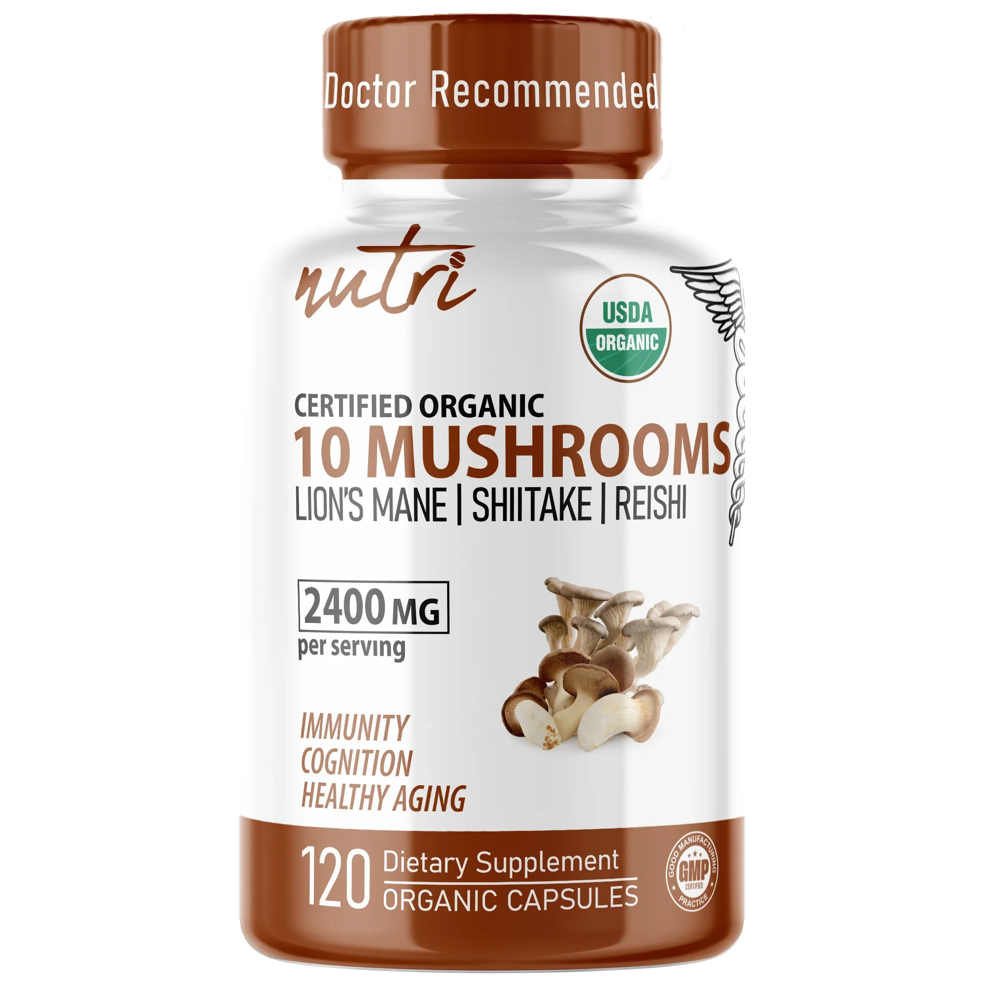 Nutri 2400mg Organic 10 Mushroom Complex Capsules 120-count front label