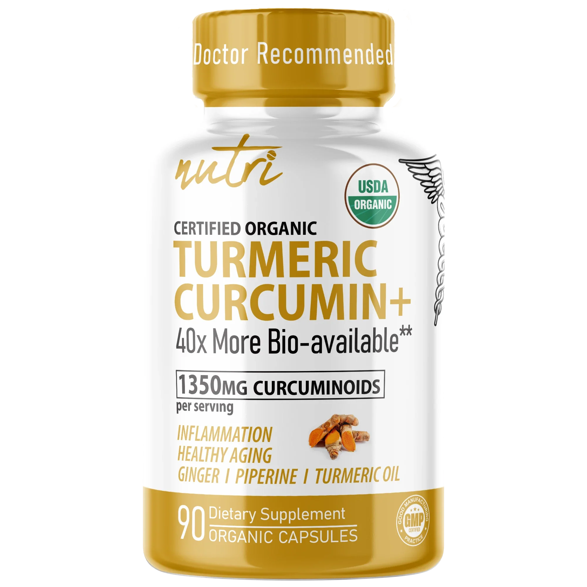 Nutri 1350mg Organic Turmeric Curcumin capsules 90-count front label
