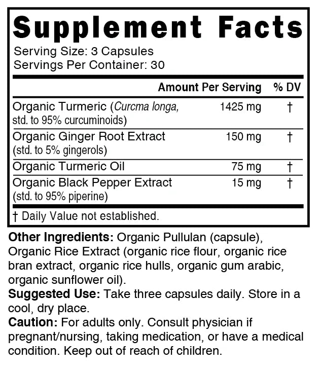Nutri Organic Turmeric Curcumin capsules supplement facts panel