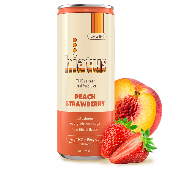 Hiatus Peach Strawberry THC seltzer can with fresh peach and strawberry 5mg THC 15mg CBD