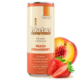 Hiatus Peach Strawberry THC seltzer can with fresh peach and strawberry 5mg THC 15mg CBD