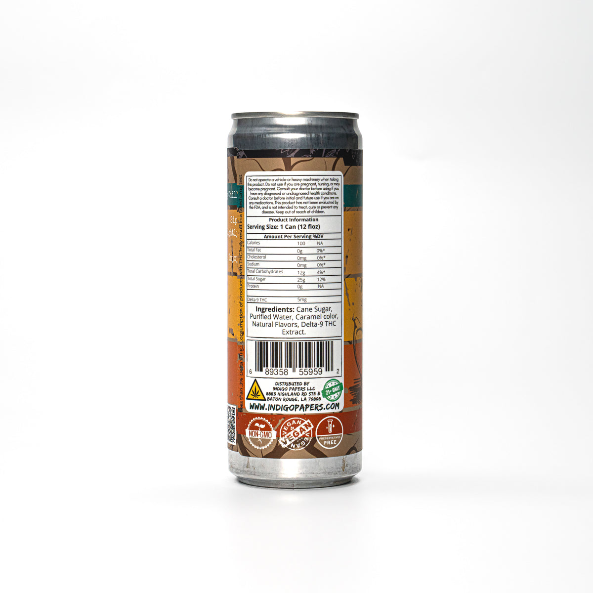 Indigo 5mg THC Root Beer can back panel nutrition facts and ingredients