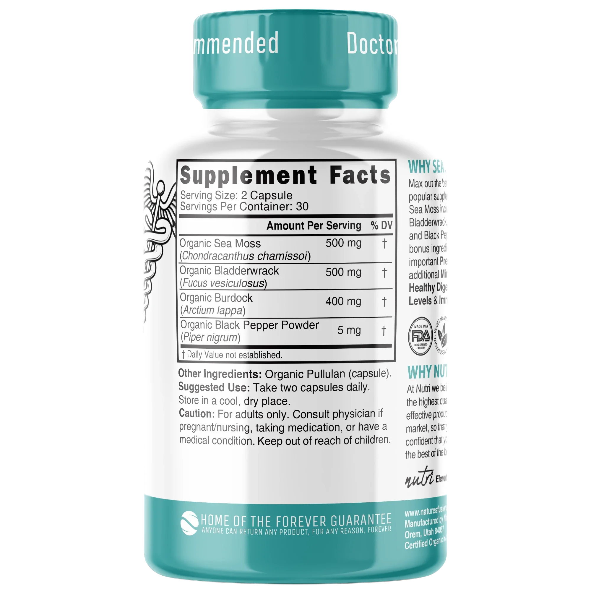 Nutri Organic Sea Moss capsules back label