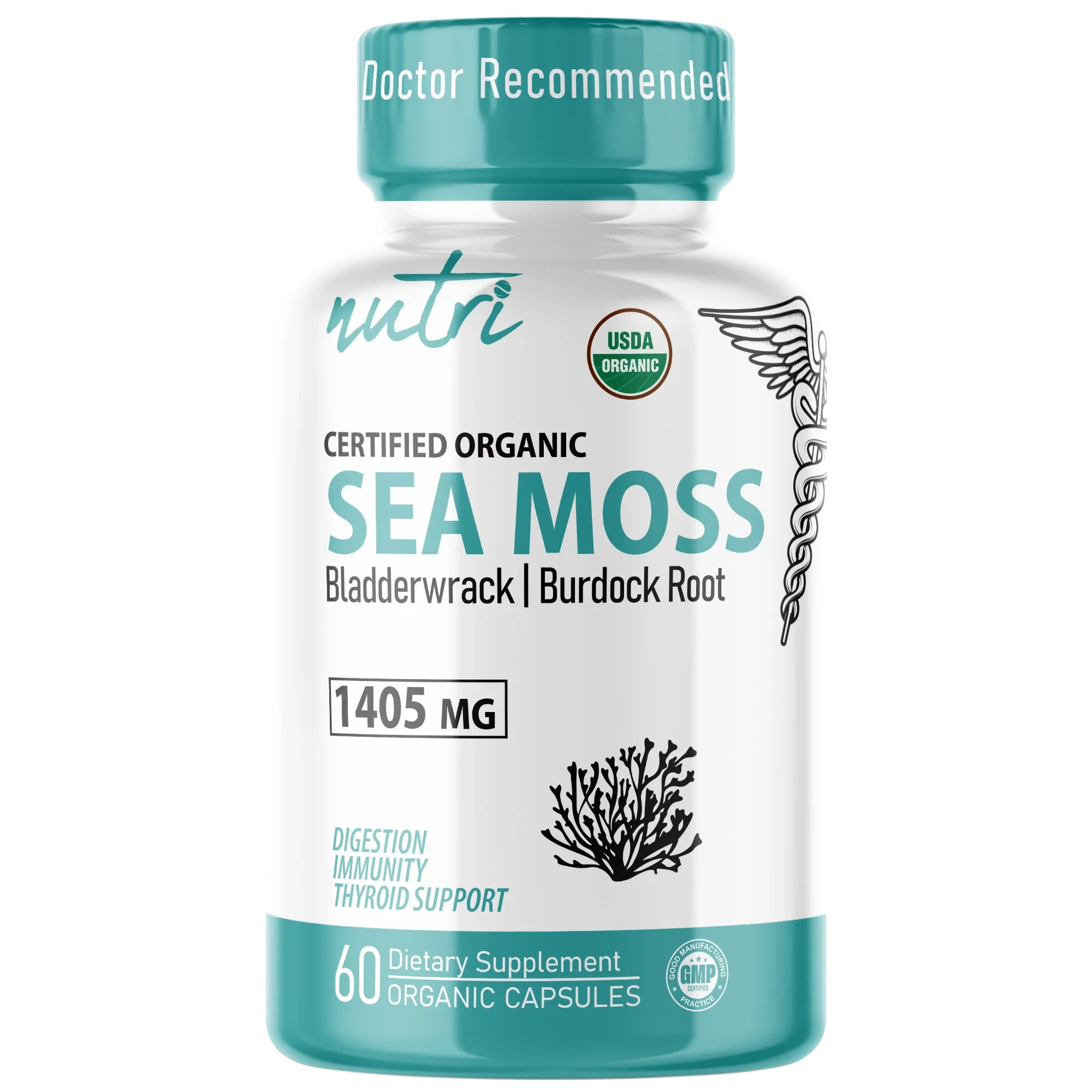 Nutri 1405mg Organic Sea Moss with Bladderwrack and Burdock capsules 60-count front label