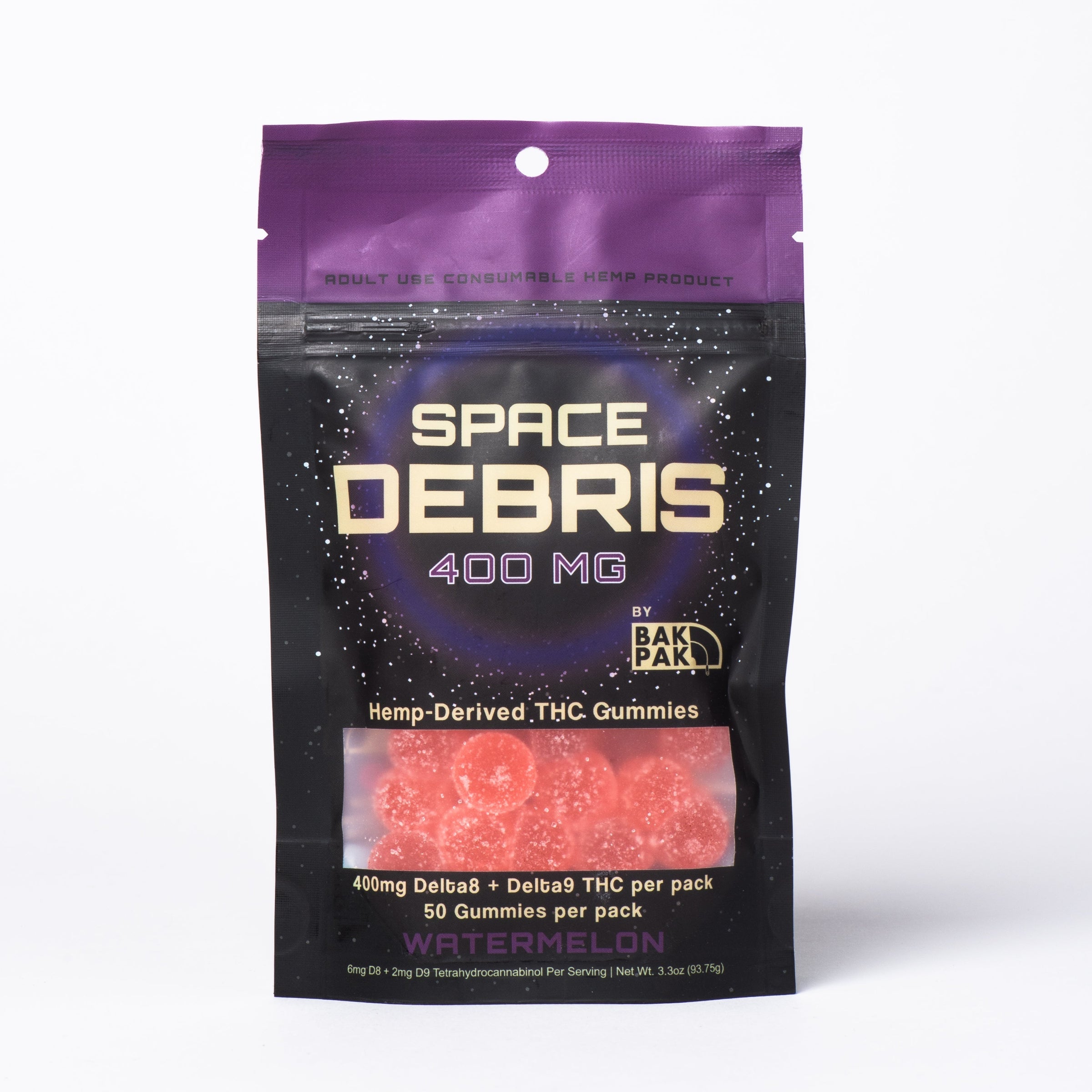 Space Debris 400mg Watermelon 50-count pouch front Delta-8 Delta-9 THC gummies