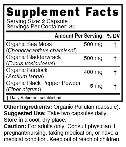 Nutri Organic Sea Moss capsules supplement facts panel