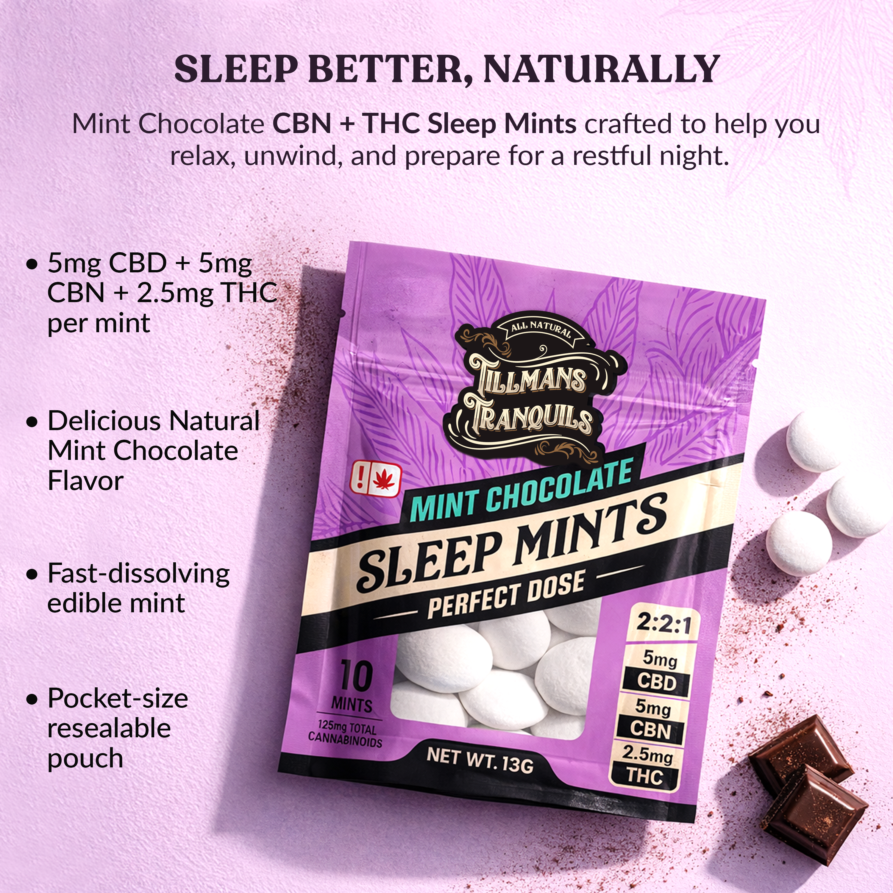 Tillmans Tranquils 2.5mg THC+5mg CBD+5mg CBN Mints | Sleep (10ct)