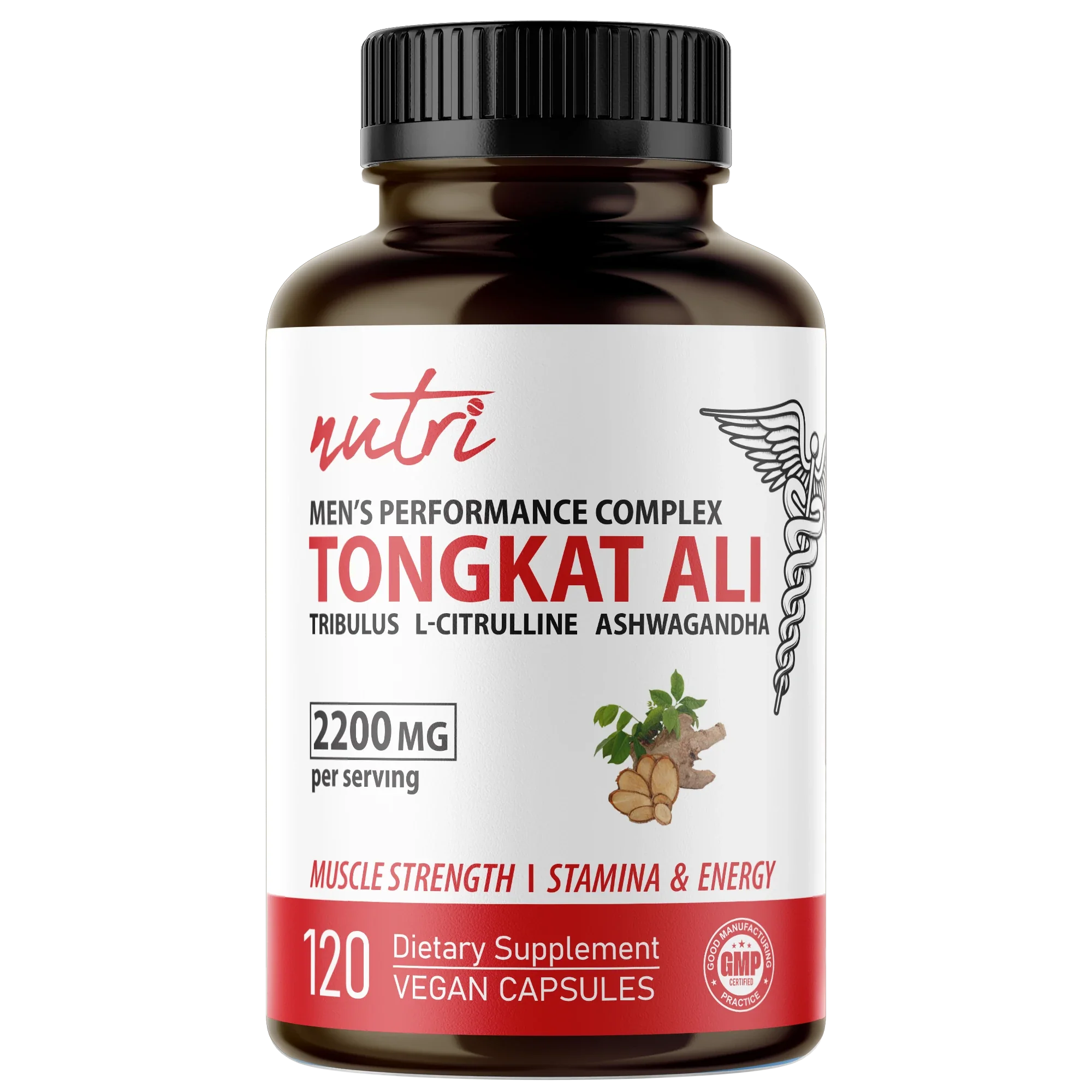 Nutri 2200mg Tongkat Ali mens performance complex capsules 120-count front label